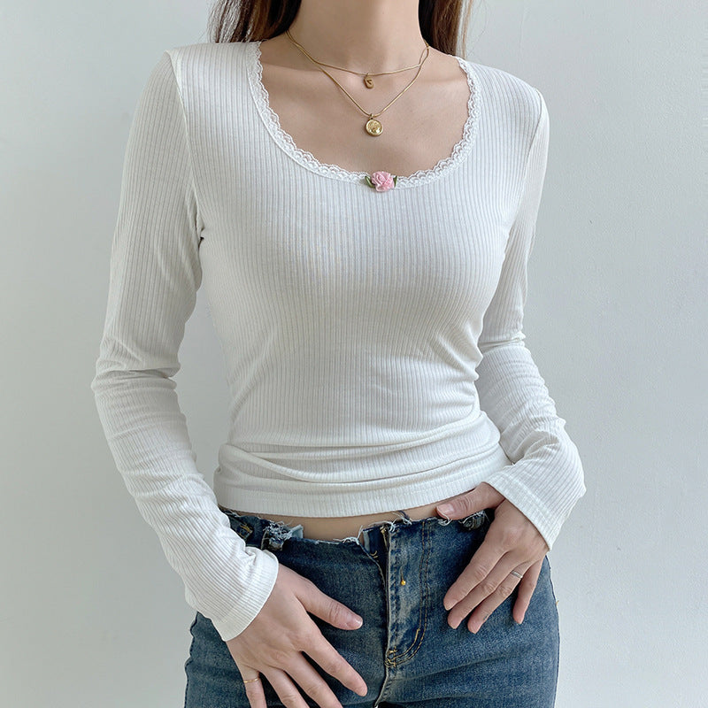 Damen Langarmshirt mit feinem Rippdesign und romantischem Spitzenbesatz Drune