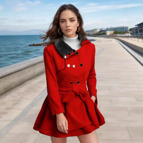 Damen eleganter Trenchcoat mit abnehmbarem Fellkragen und Taillengürtel Drune