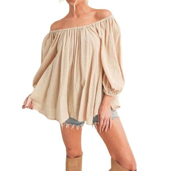 Damen lässige Bluse mit Off-Shoulder Schnitt und voluminösen Ärmeln Drune