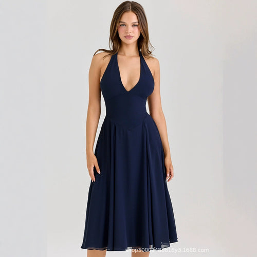 Damen schwingendes Midikleid mit V-Ausschnitt und elegantem Schnitt Drune