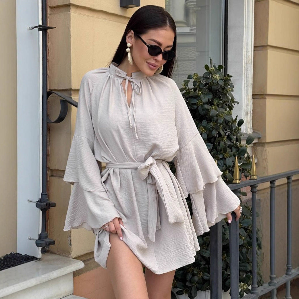 Damen lässiges Kleid mit voluminösen Ärmeln und Taillengürtel Drune