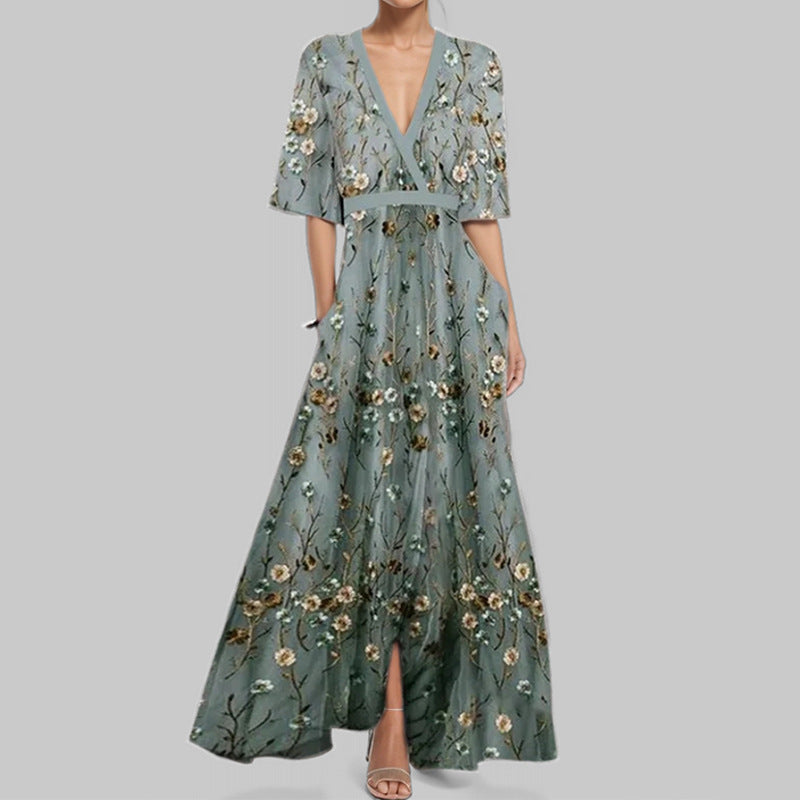 Damen Maxikleid mit Wickeloberteil, Taillengürtel und fließendem Satinrock Drune