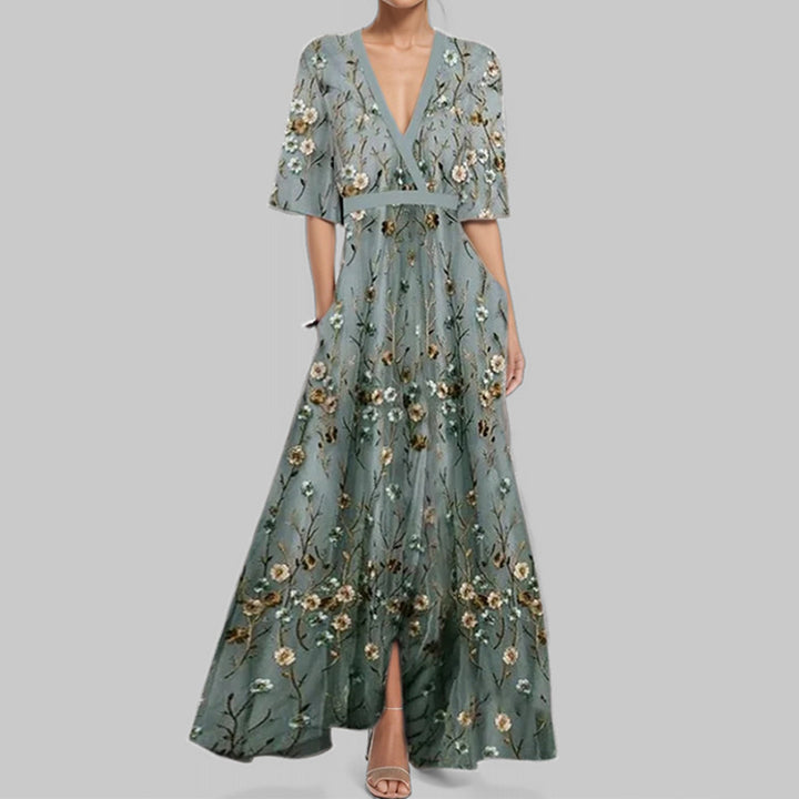Damen Maxikleid mit Wickeloberteil, Taillengürtel und fließendem Satinrock Drune