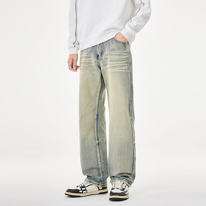 Herren Weit geschnittene Vintage-Denim-Jeans mit low-rise, Whisker‑Effekt und relaxed Bein Drune