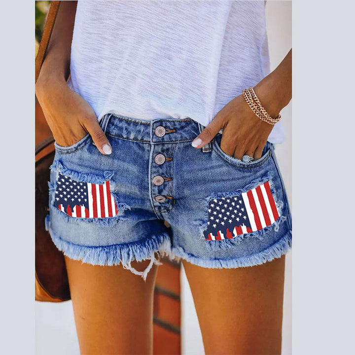 Damen Jeans-Shorts mit Vintage-Style und flaggenmotivierten Applikationen Drune