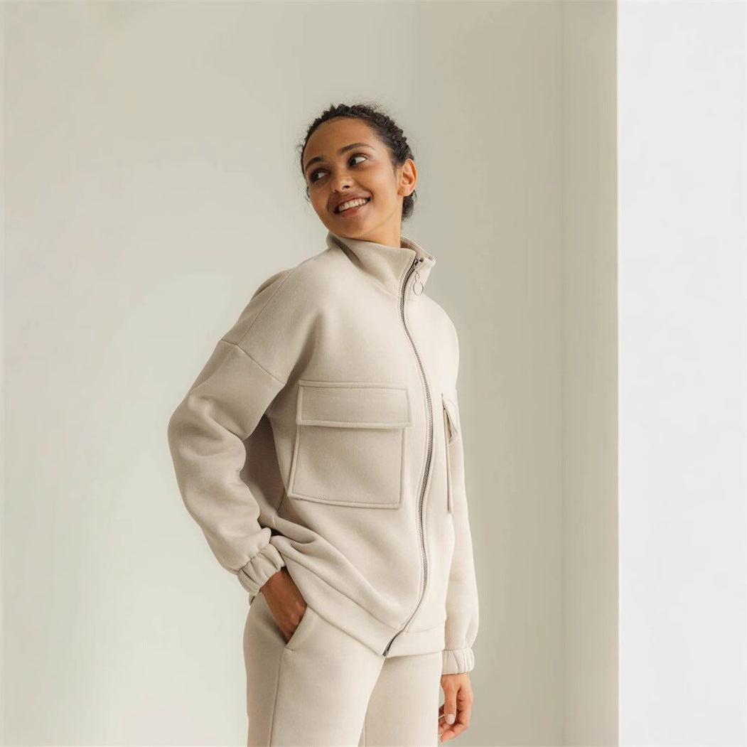 Damen sportlicher Fleece-Kapuzenpullover mit Reißverschluss und praktischen Taschen Drune