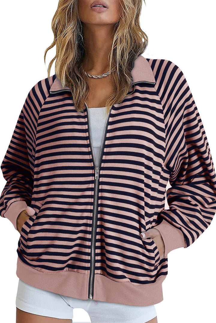 Damen Gestreifte Zip‑Jacke mit Reißverschluss, Raglanärmeln und Rippbündchen Drune