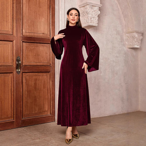 Damen Maxikleid aus Samt mit Stehkragen und Glockenärmeln Drune