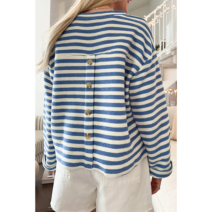 Damen gestreiftes Sweatshirt mit V-Ausschnitt und Brusttasche Drune