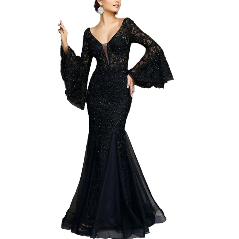 Damen Figurbetontes Abendkleid mit schimmernden Verzierungen und elegantem V-Ausschnitt Drune