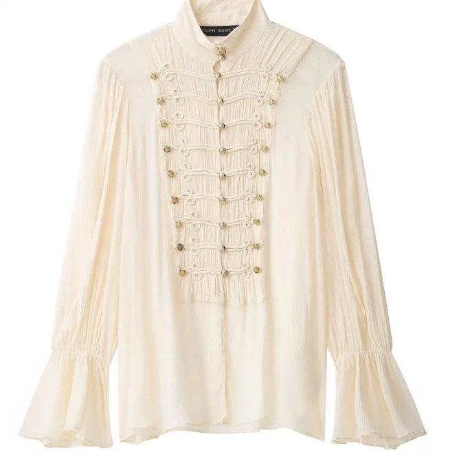 Damen Bluse im Military‑Plastron‑Look mit Stehkragen und Plisséeärmeln Drune