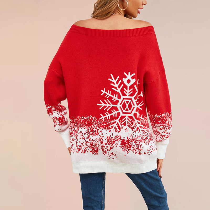 Damen festlicher Weihnachts-Pullover mit elegantem Schneeflocken-Motiv und Off-Shoulder Design Drune