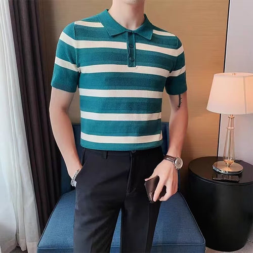 Herren Kurzarm Poloshirt mit strukturiertem Streifenmuster Drune
