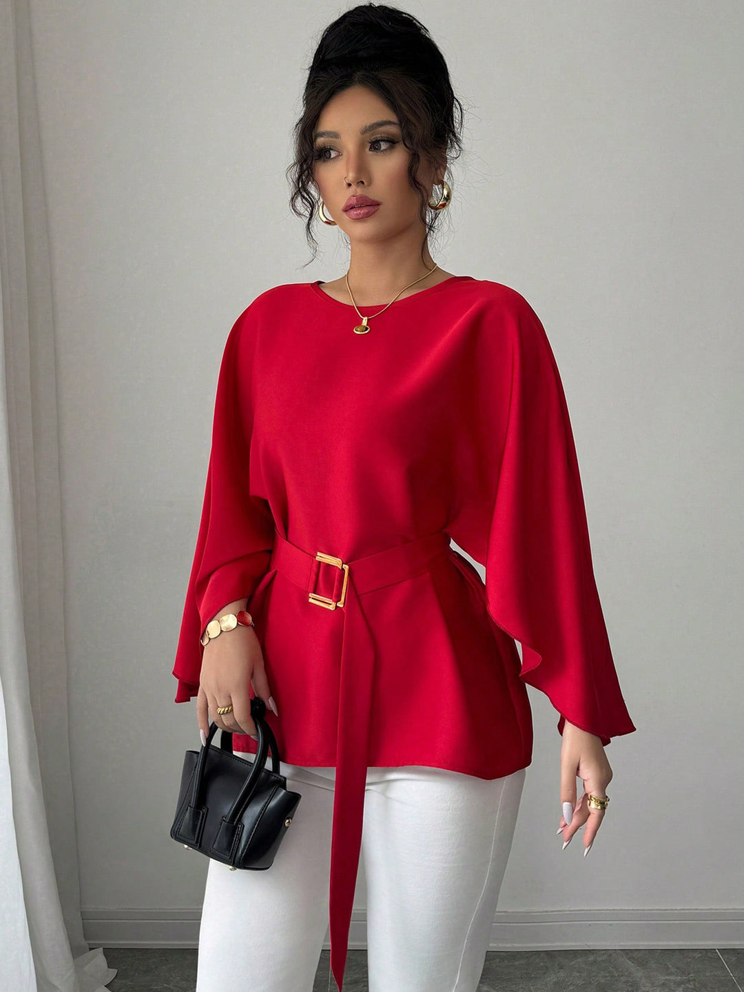 Damen Elegante Chiffon-Tunika mit Cape-Ärmeln und Taillengürtel Drune