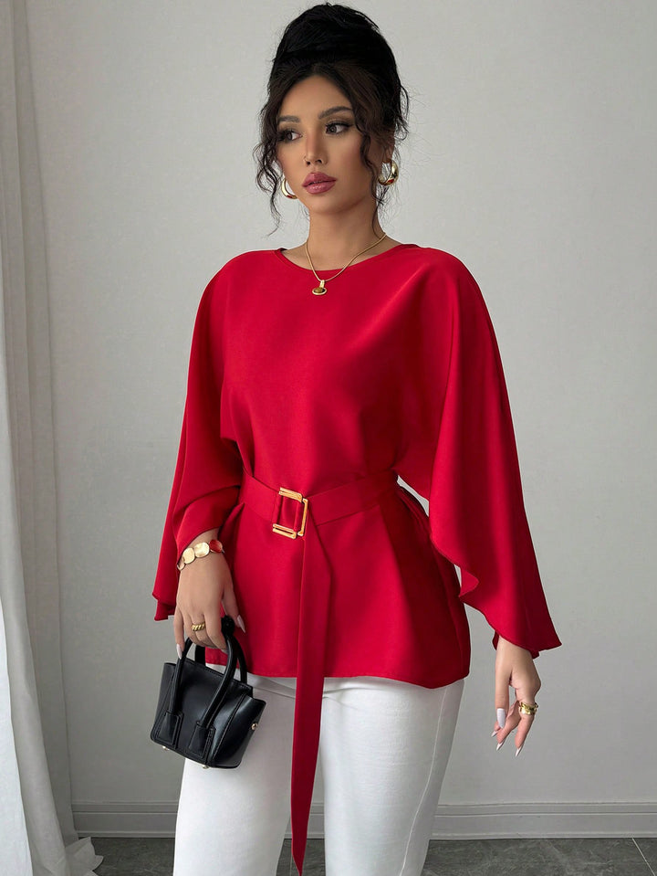 Damen Elegante Chiffon-Tunika mit Cape-Ärmeln und Taillengürtel Drune