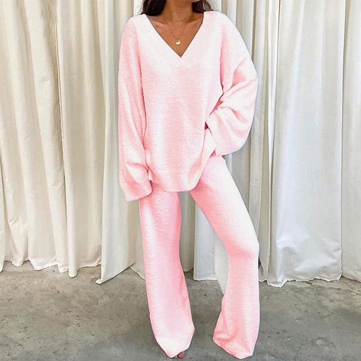 Damen Bequemes Fleece-Loungewear-Set mit V-Ausschnitt Drune