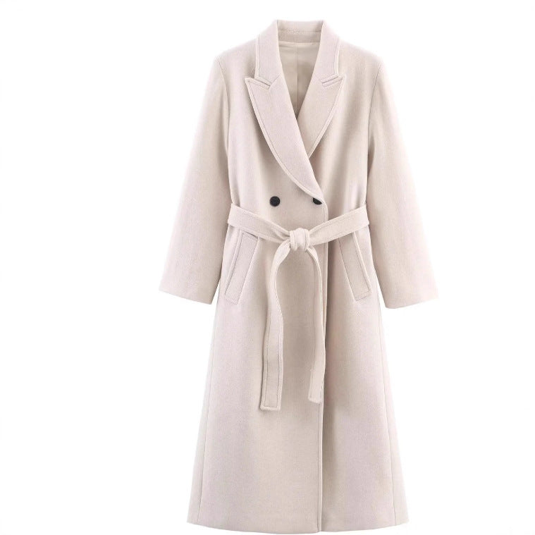 Damen 40+ eleganter knielanger Mantel mit Bindegürtel und doppelreihiger Knopfleiste Drune