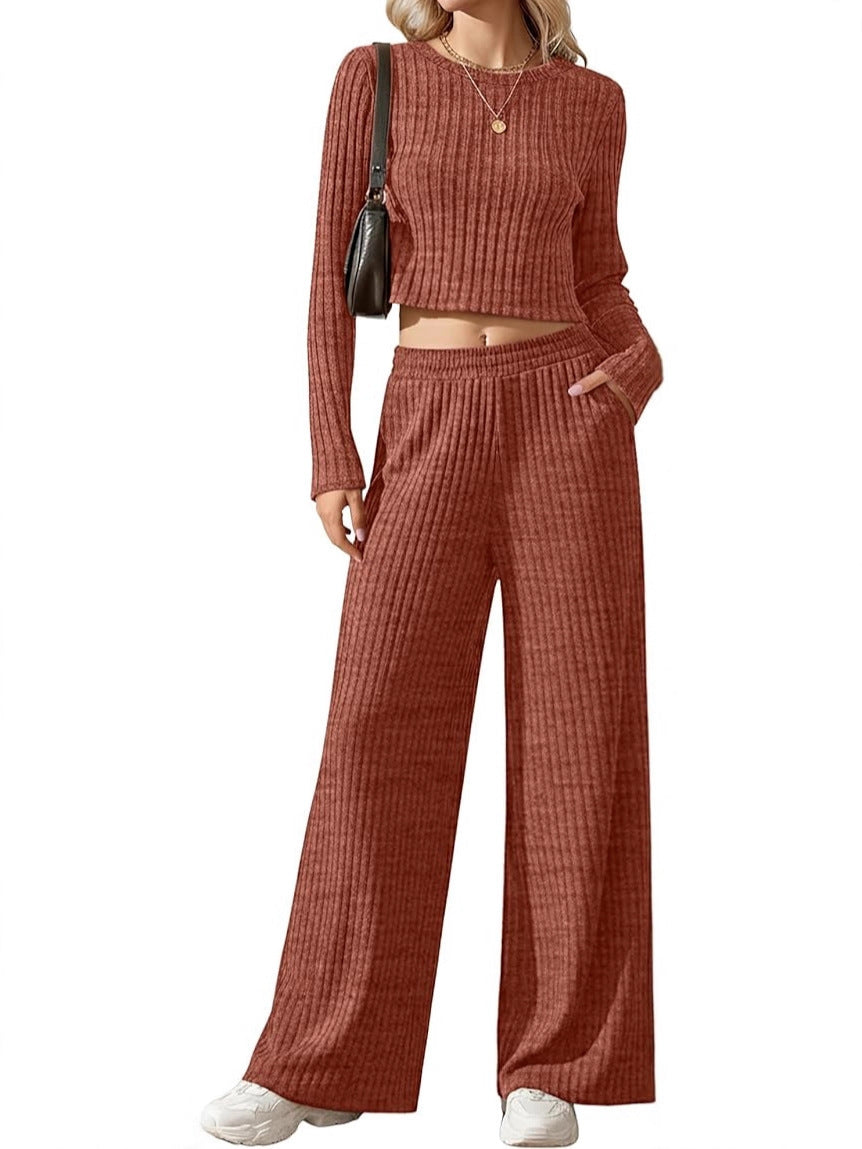 Damen Geripptes Feinstrick-Lounge-Set mit Cropped Langarmtop und High-Waist Palazzohose Drune