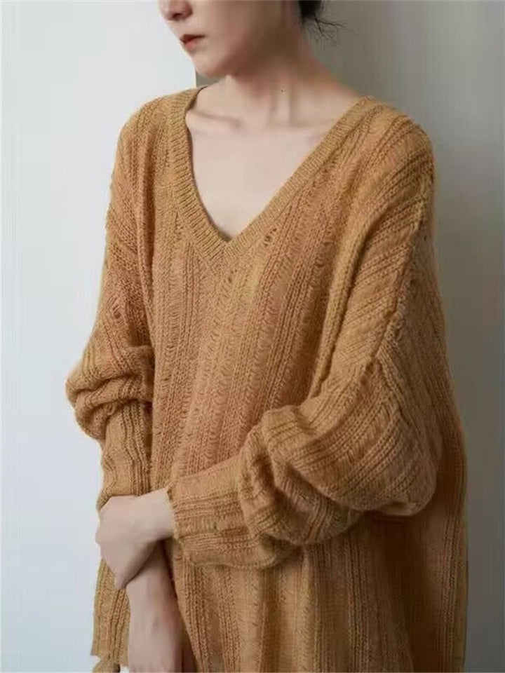 Damen Grobstrickpullover mit lässigem V-Ausschnitt und modischer Struktur Drune