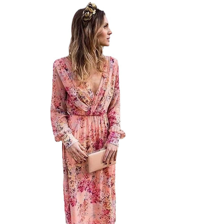 Damen Maxikleid mit floraler Chiffonoberfläche und eleganter Taillenbetonung Drune