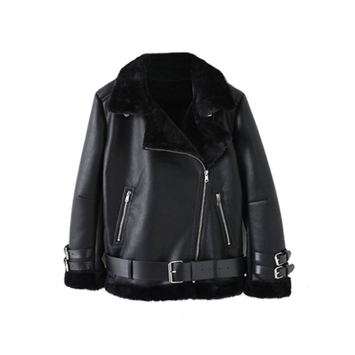 Damen Kunstleder Bikerjacke mit Plüschkragen und verstellbaren Riemen Drune