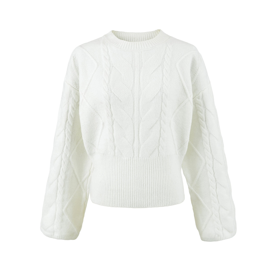 Damen Kurzer Zopfmuster-Strickpullover mit tailliertem Rippbündchen Drune