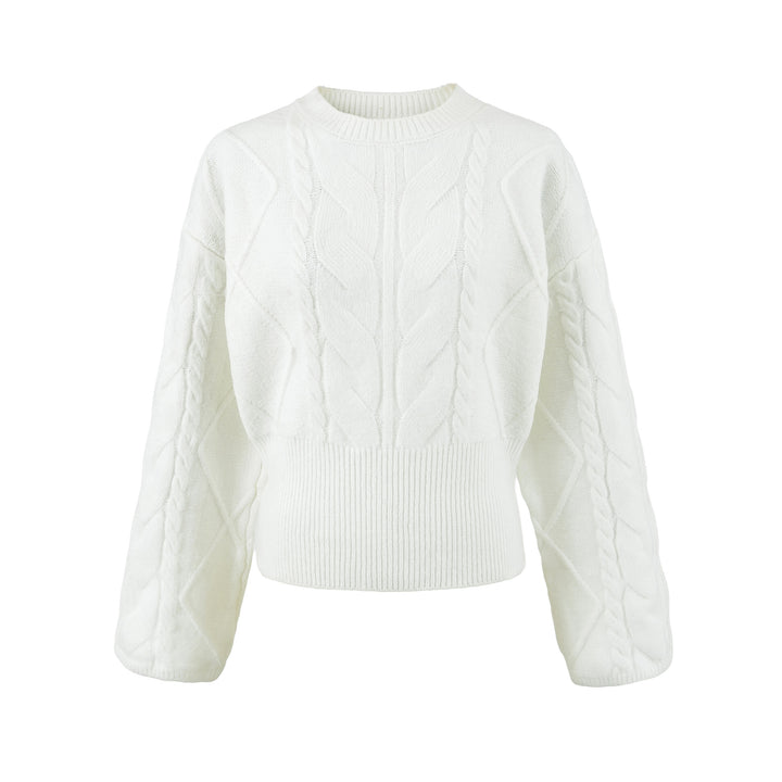 Damen Kurzer Zopfmuster-Strickpullover mit tailliertem Rippbündchen Drune