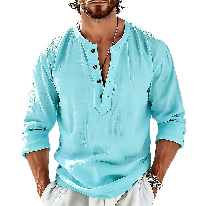 Herren Leichtes Leinen-Henley-Langarmshirt mit Mandarin-Kragen Drune