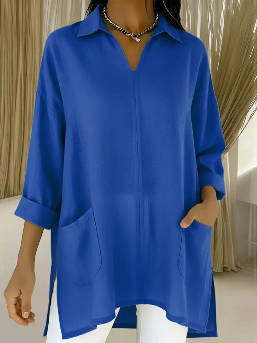 Damen Oversize-Tunika mit Hemdkragen, V-Ausschnitt und aufgesetzten Taschen Drune