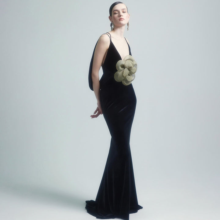 Damen Figurbetontes Abendkleid mit einzigartiger Blütenapplikation Drune