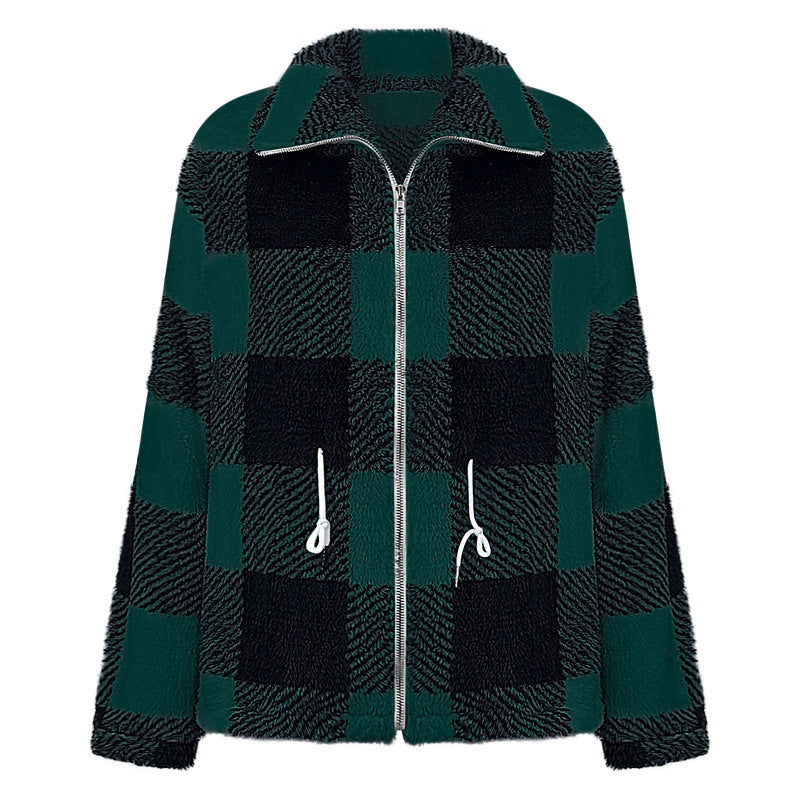 Damen kuschelige Oversize-Jacke mit kariertem Muster Drune