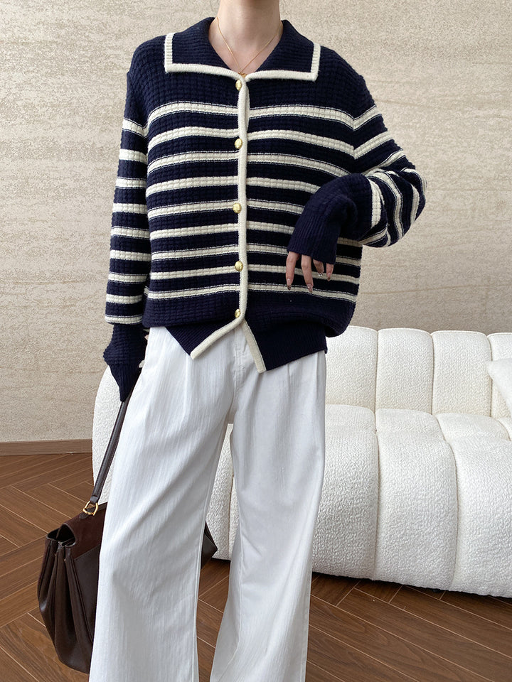 Damen gestreifte Strickjacke mit Druckknopfverschluss und lässiger Passform Drune