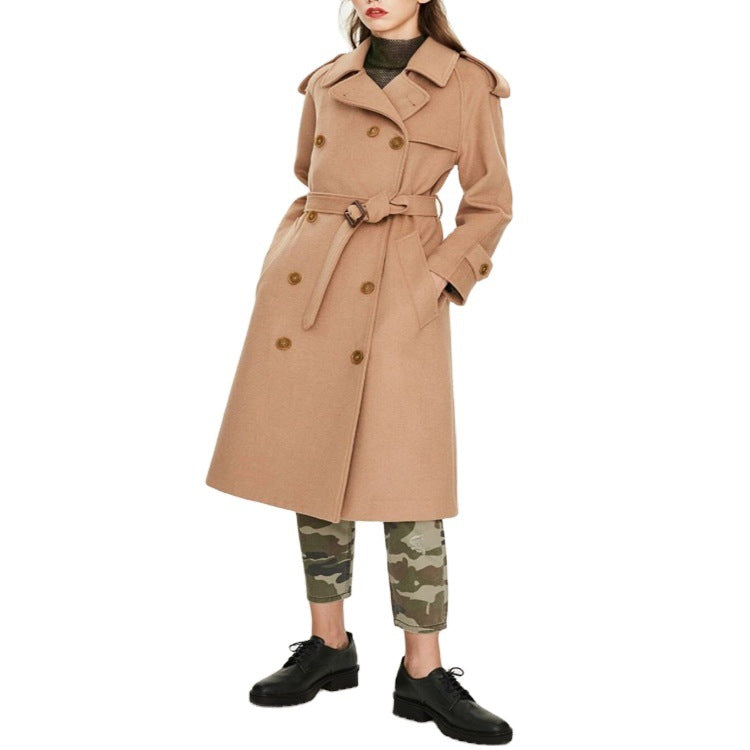 Damen Midilanger Doppelreihiger Wollmix‑Trenchcoat mit Epauletten und Taillengürtel Drune