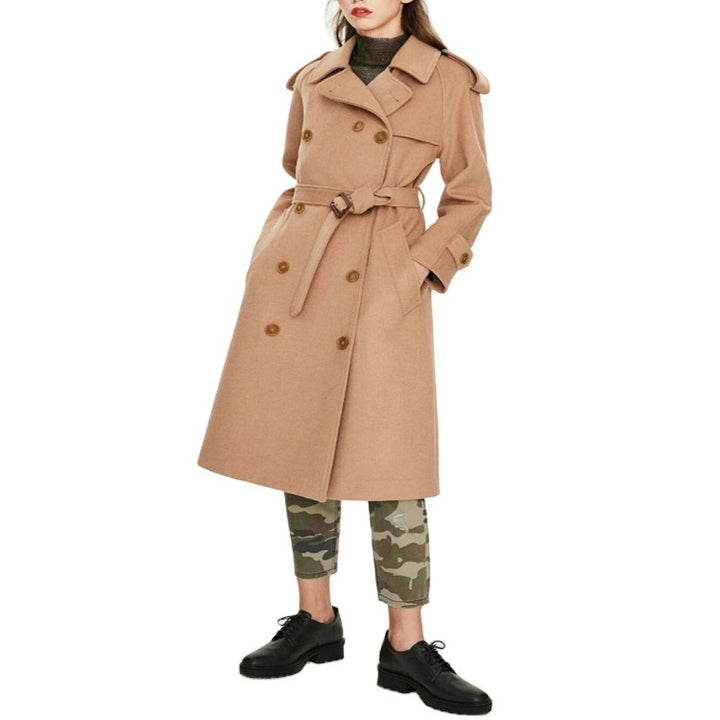 Damen Midilanger Doppelreihiger Wollmix‑Trenchcoat mit Epauletten und Taillengürtel Drune