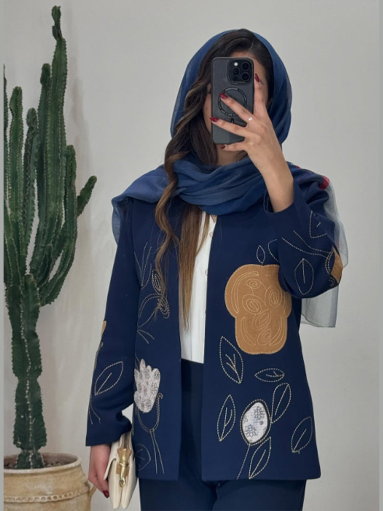 Damen offener Strickblazer mit floraler Stickerei & Applikationen Drune