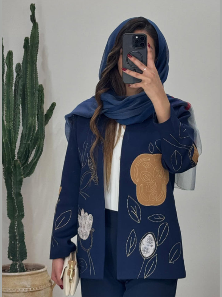 Damen offener Strickblazer mit floraler Stickerei & Applikationen Drune