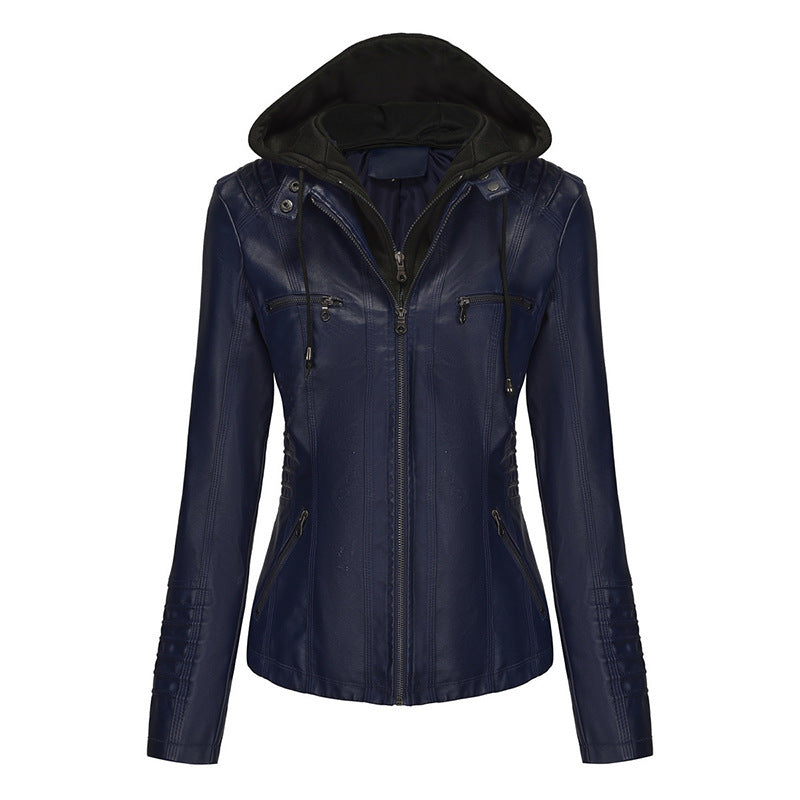 Damen Taillierte Kunstlederjacke mit abnehmbarer Kapuze und Reißverschluss Drune