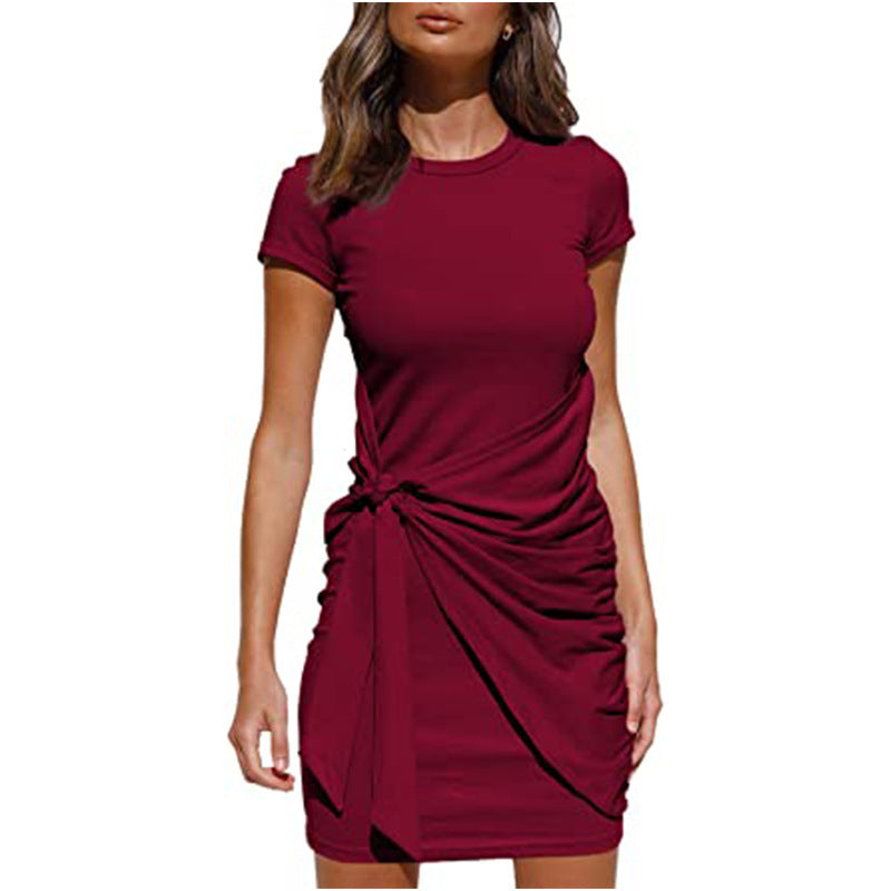Damen Kurzarm Wickelkleid mit Raffung und Knoten Detail Drune