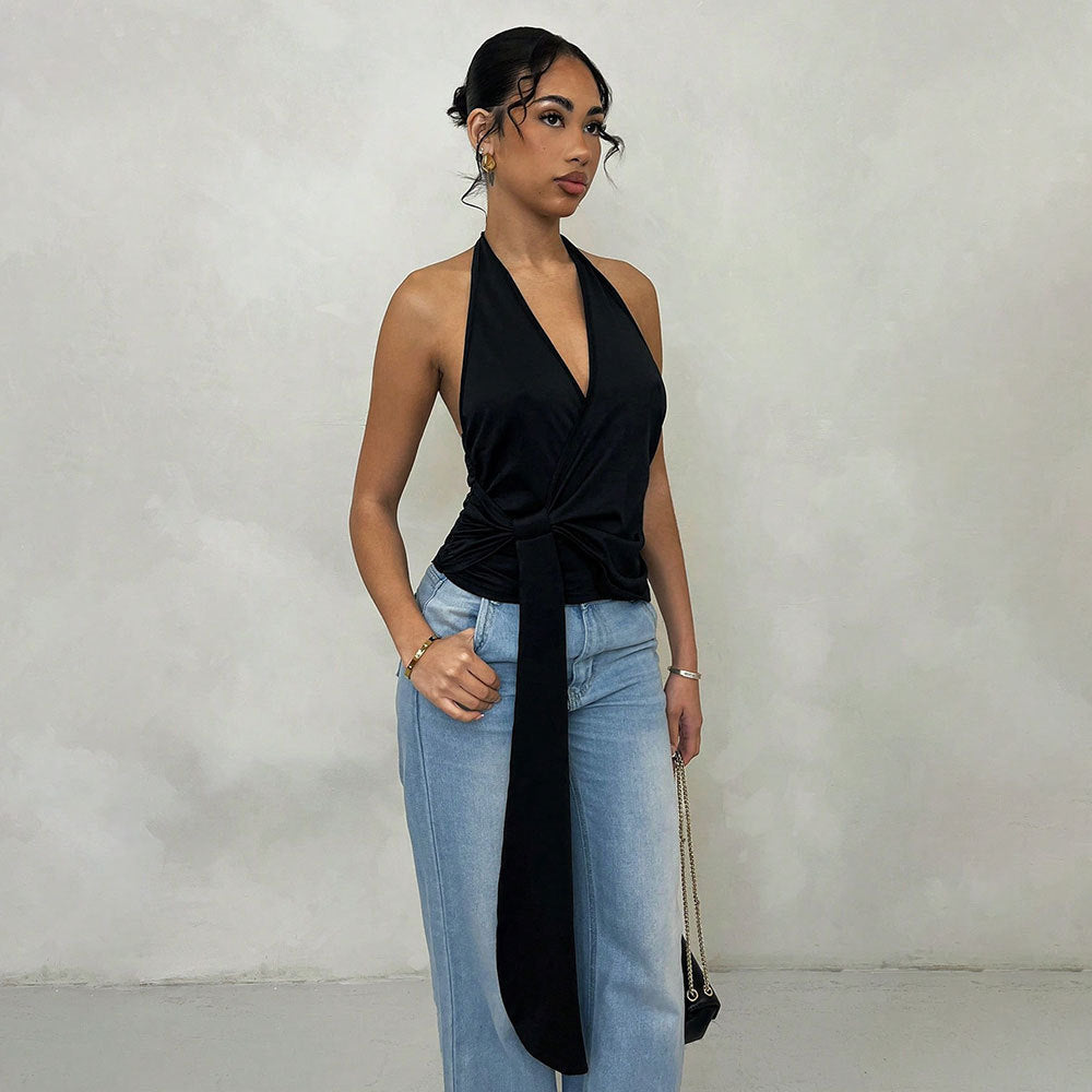 Damen Wickel-Top mit tiefem V-Ausschnitt und eleganten Binde-Details Drune