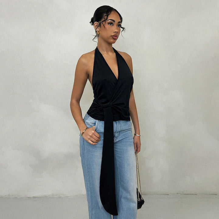 Damen Wickel-Top mit tiefem V-Ausschnitt und eleganten Binde-Details Drune