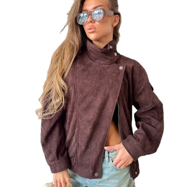 Damen Oversize Wildleder‑Optik Bikerjacke mit hohem Stehkragen Drune