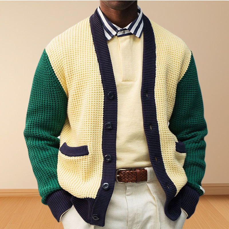 Herren Lässige Strickjacke im modernen Waffelmuster mit Kontrastärmeln und praktischen Taschen Drune