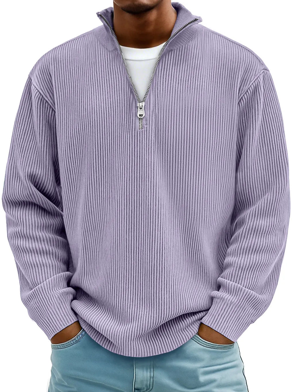 Herren nan gerippter Strickpullover mit halbem Reißverschluss und Stehkragen Drune