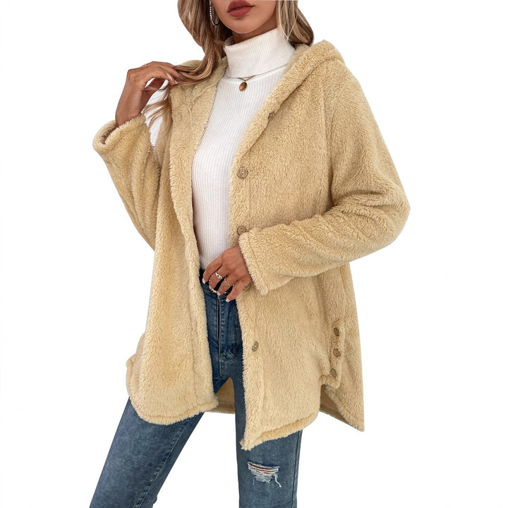 Damen flauschige Übergangsjacke mit Kapuze und Knopfverschluss Drune