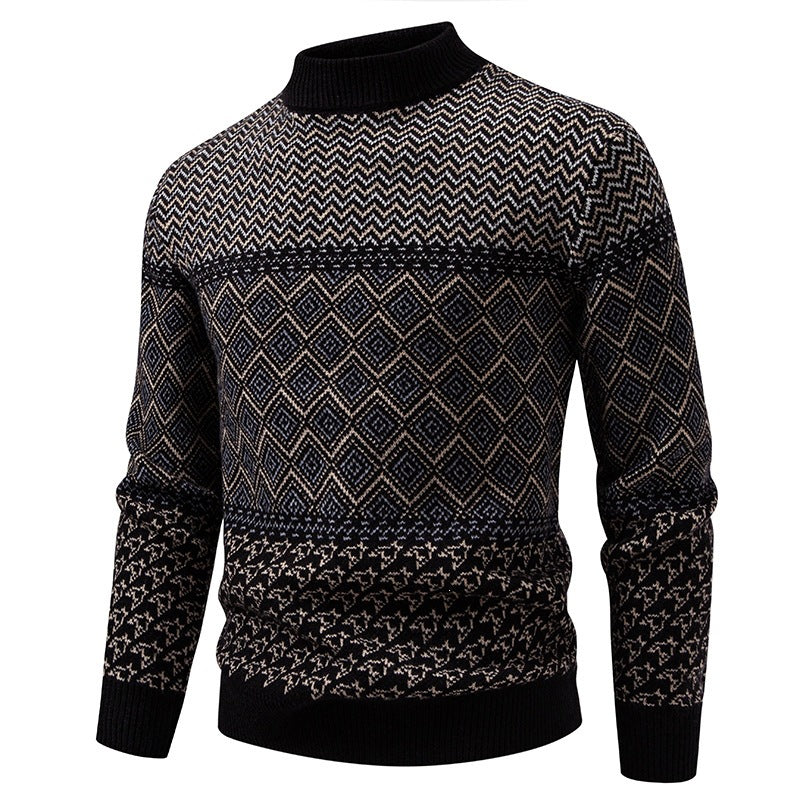Herren Norwegermuster-Pullover mit Stehkragen und feinem Jacquardstrick Drune