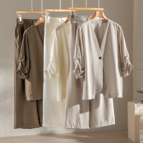 Damen Leichter Oversize-Blazer mit V-Ausschnitt, Ein-Knopf-Verschluss und gerafften Dreiviertelärmeln Drune