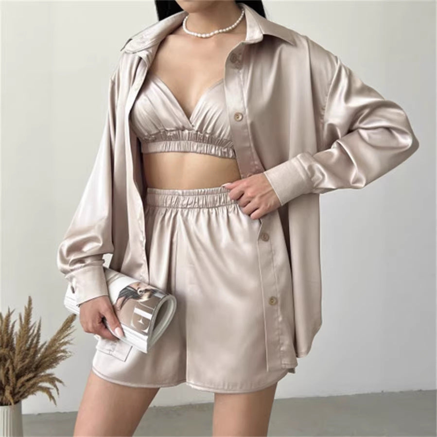 Damen modisches Set aus glattem Blusenoberteil und kurzer Hose Drune