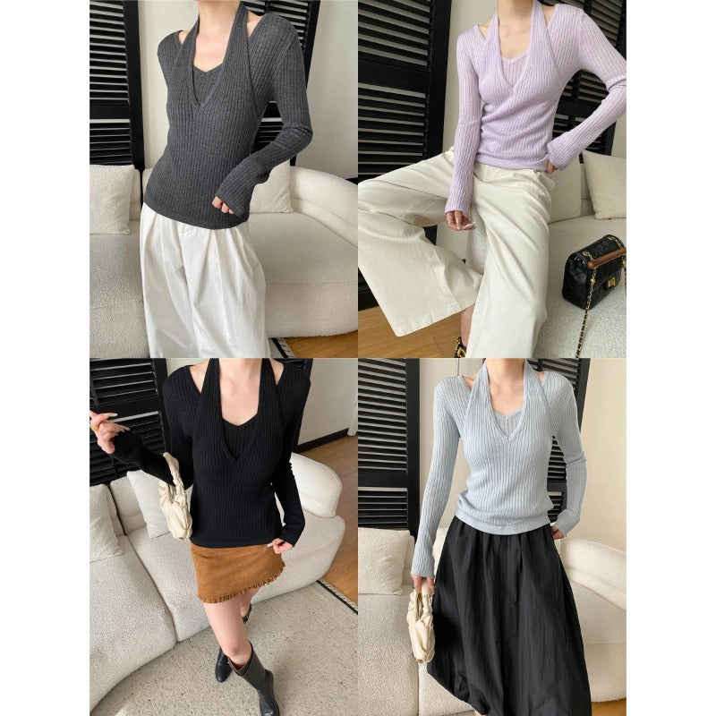 Damen eleganter V-Ausschnitt Strickpullover mit stylischen Cut-Outs Drune