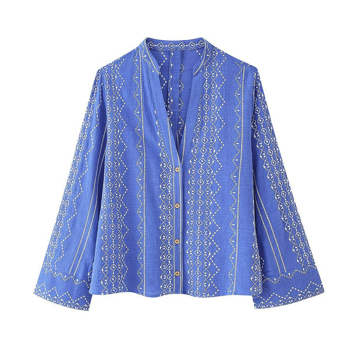 Damen bestickte Blusenjacke mit V-Ausschnitt und lockerer A-Linien-Silhouette Drune