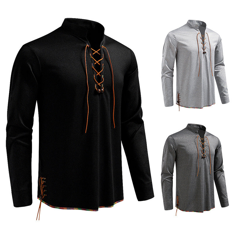 Herren Lässiges Baumwoll-Langarmshirt mit Schnürung, Stehkragen und aufkrempelbaren Ärmeln Drune